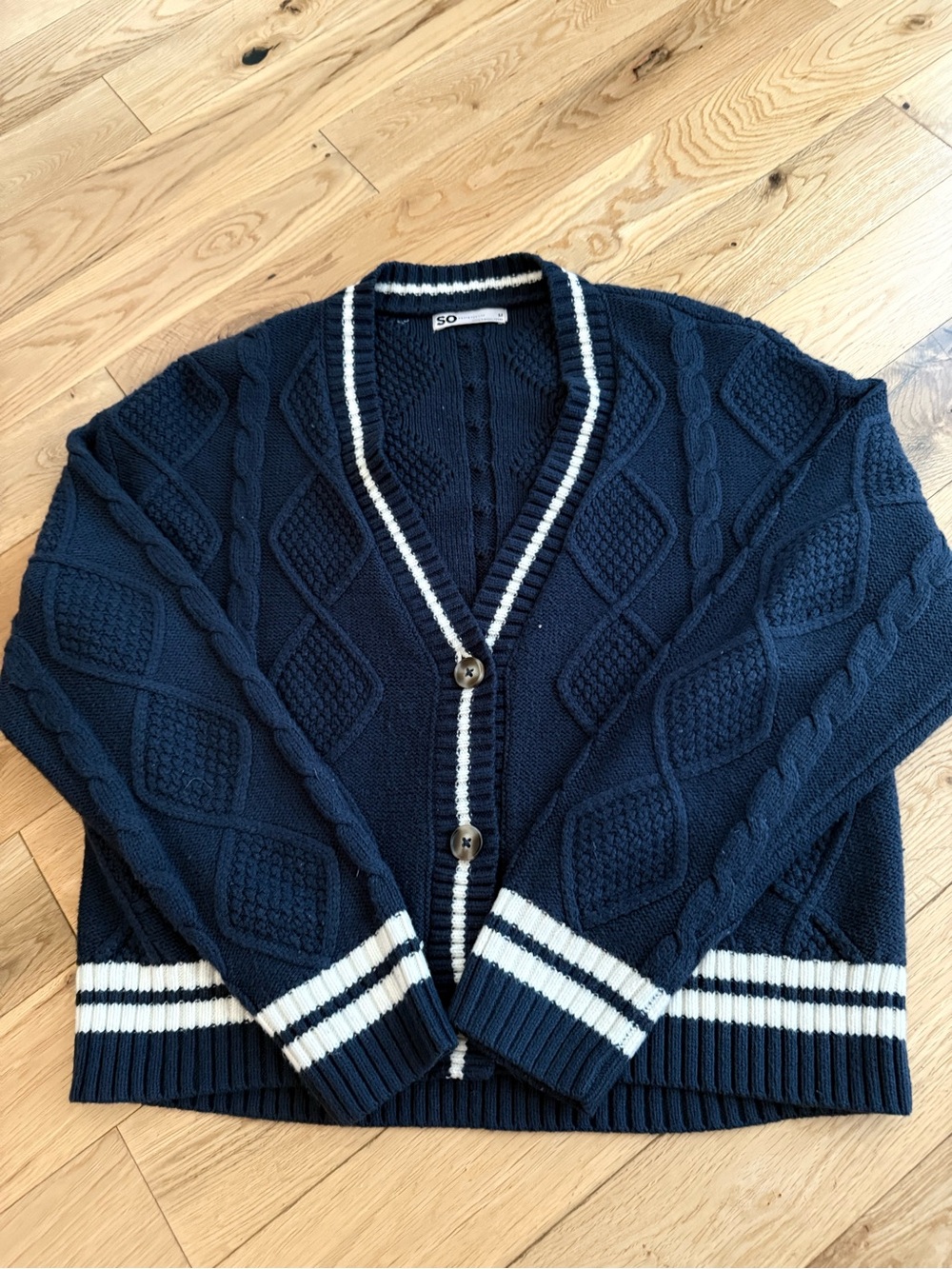 SO Navy Cardigan with White Stripe Trim